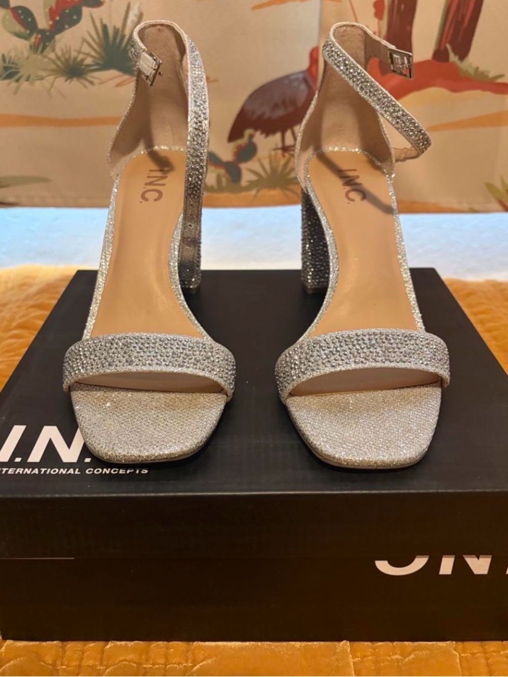 INC International Concepts Silver Glitter Rhinestone Ankle-Strap Block Heels